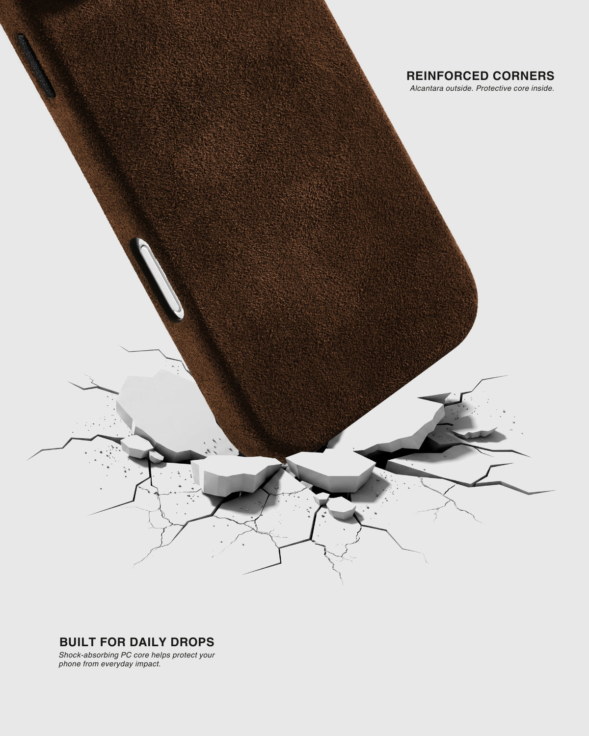 {{Built for everyday impact}} Reinforced corners with shock-absorbing PC core on STICKYZOO espresso brown Alcantara phone case