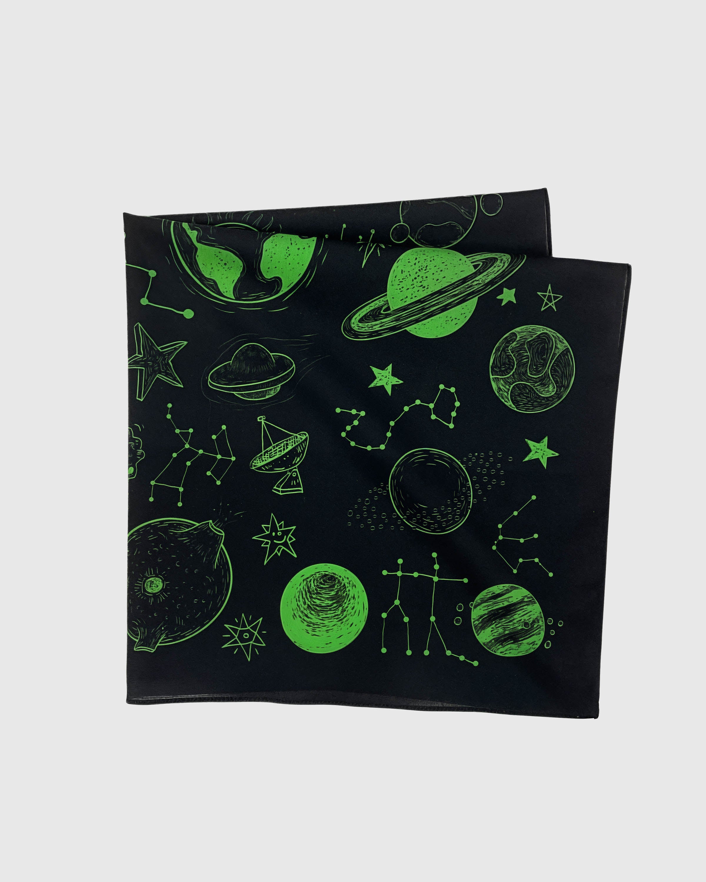 Black cosmic silk scarf folded showing Saturn, Earth and a fleet of UFOs in lime-green ink