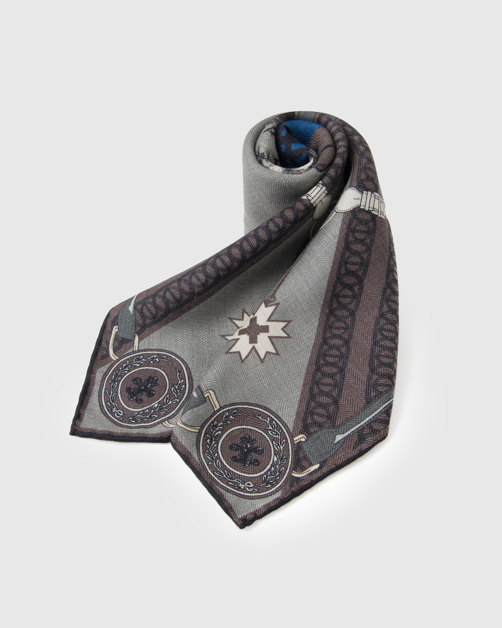 STICKYZOO equestrian palace silk scarf with saddled horse, palace courtyard, and bridle border in storm grey and cobalt
```