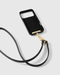 STICKYZOO black vegan-leather phone strap attached to a black phone case with a charging-port opening using the included Phone Strap Card; case sold separately
