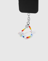 Cloud rainbow phone strap hanging from black phone case showing wrist carry functionality