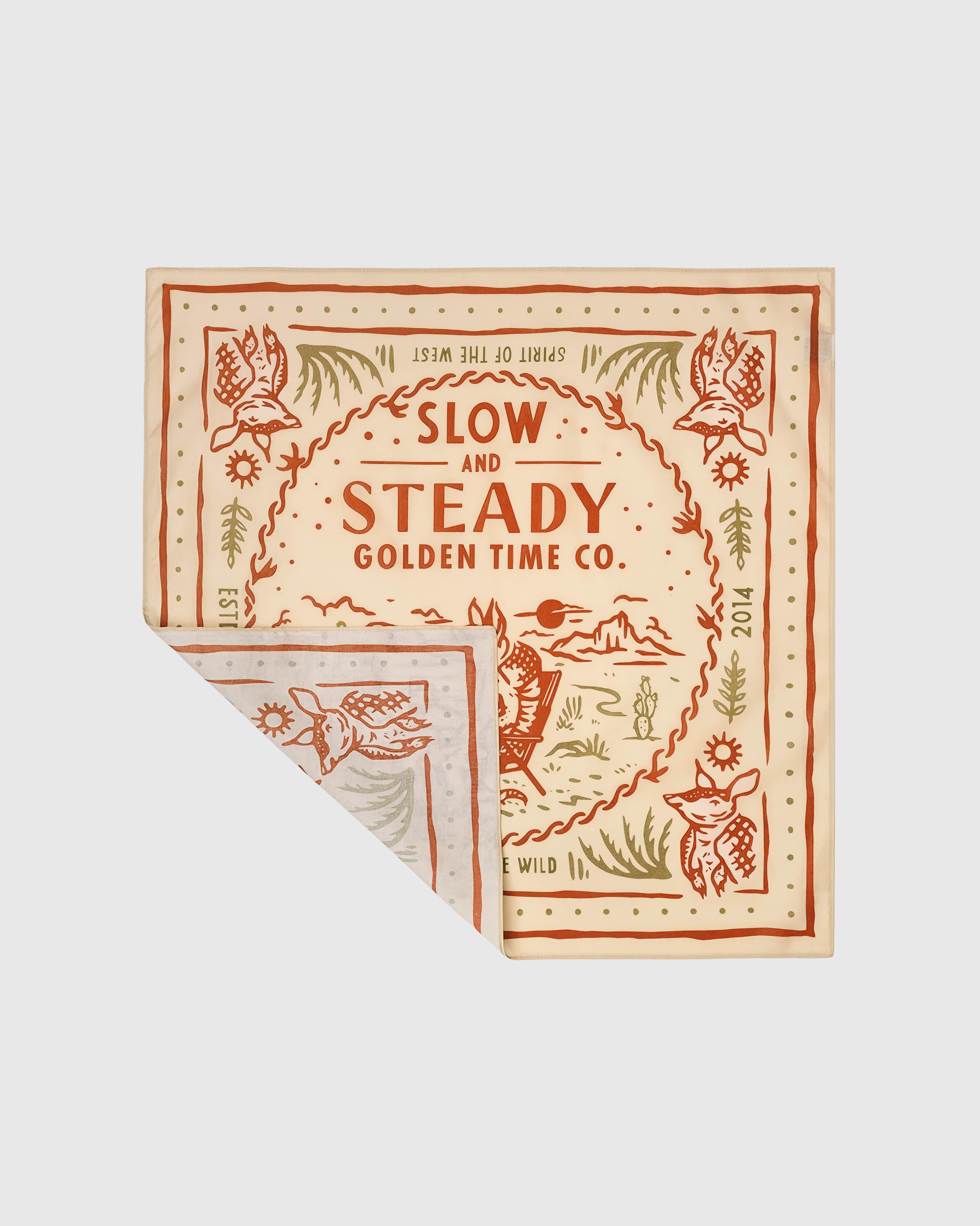 Silk Western scarf folded to show the cream field with rust label art and olive-green cacti