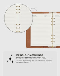 18K gold-plated ring mechanism detail on STICKYZOO camel genuine goatskin leather notebook, smooth and secure page alignment