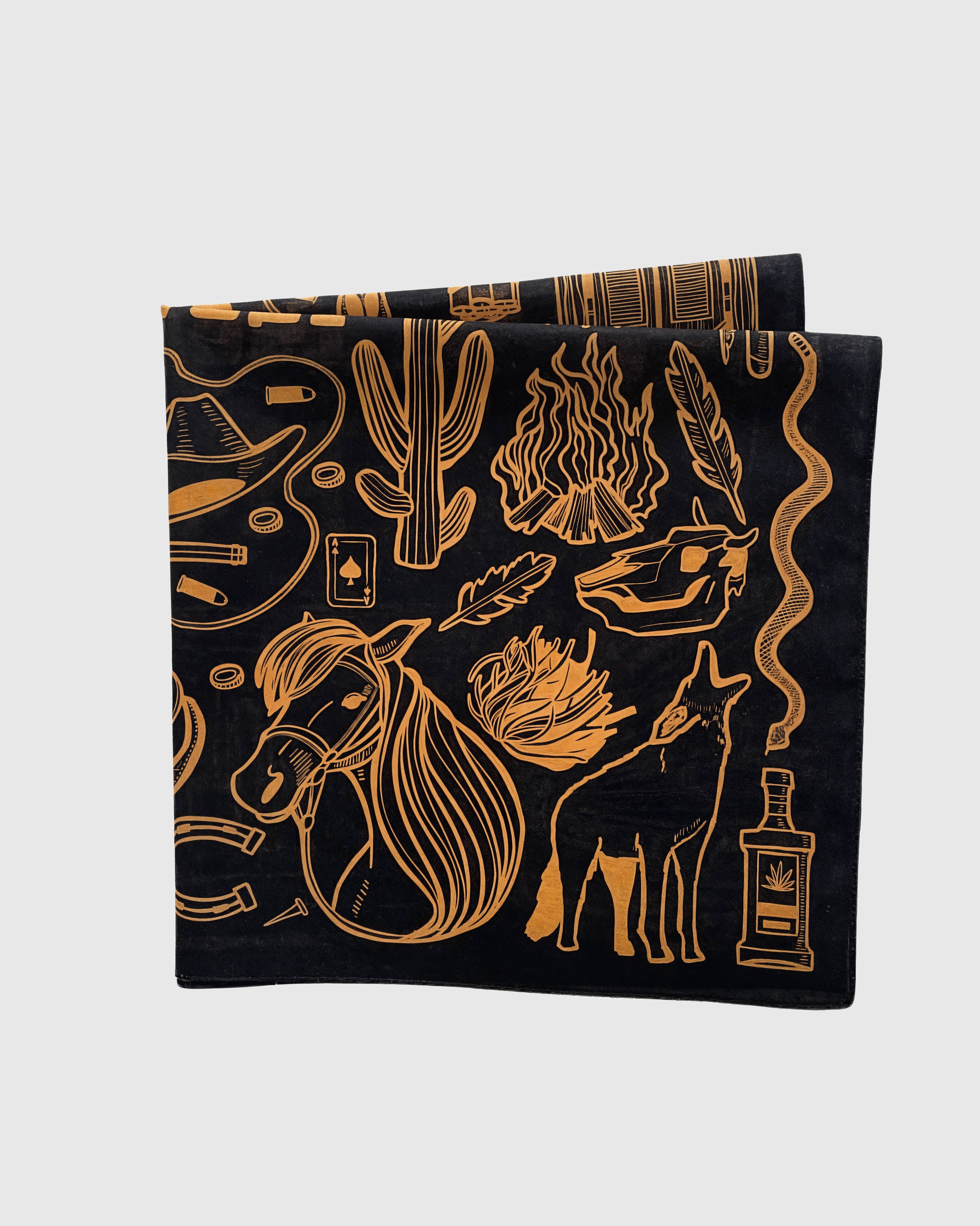 Black silk scarf folded to show the horse, snake and campfire vignettes printed in copper