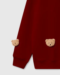 Close-up of plush teddy bear face appliques on red cotton showing 3D texture and embroidered features