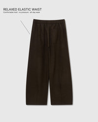 Back view of STICKYZOO Wool Drape Relaxed Pants in dark brown showing elastic waistband and wide-leg construction