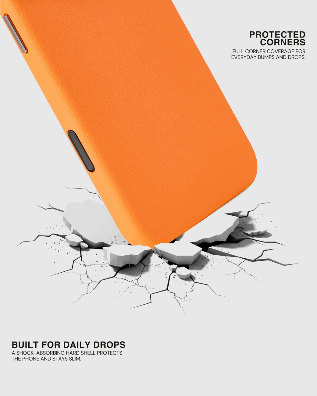 Shock-absorbing hard shell and protected corners on the orange leather case, built for daily drops
