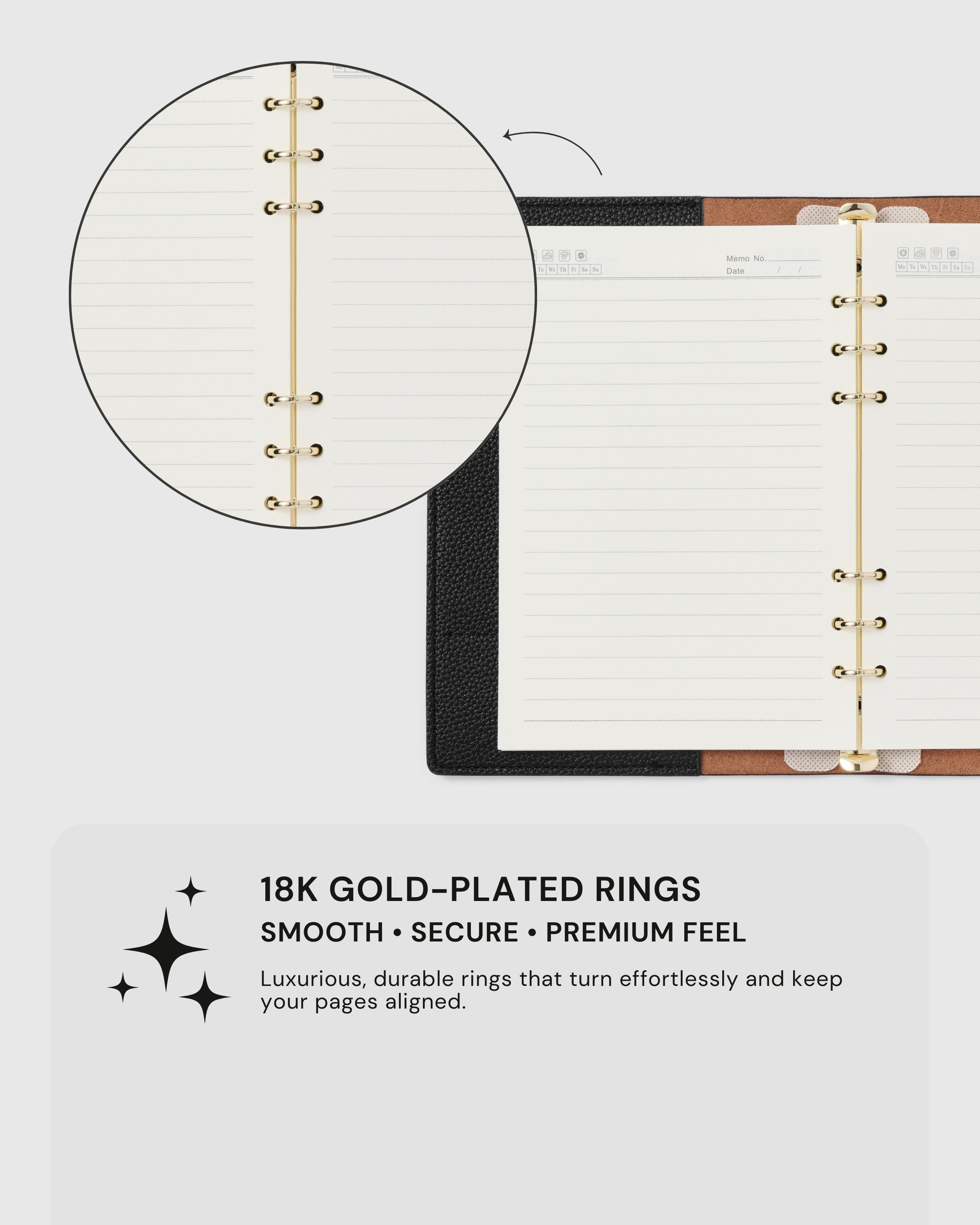 {{18K gold-plated rings}} 18K gold-plated ring mechanism detail on STICKYZOO genuine goatskin leather notebook, smooth and secure page alignment