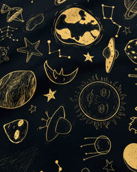 STICKYZOO golden cosmos silk scarf close-up showing the smiling sun and crescent moon in gold archival ink
```