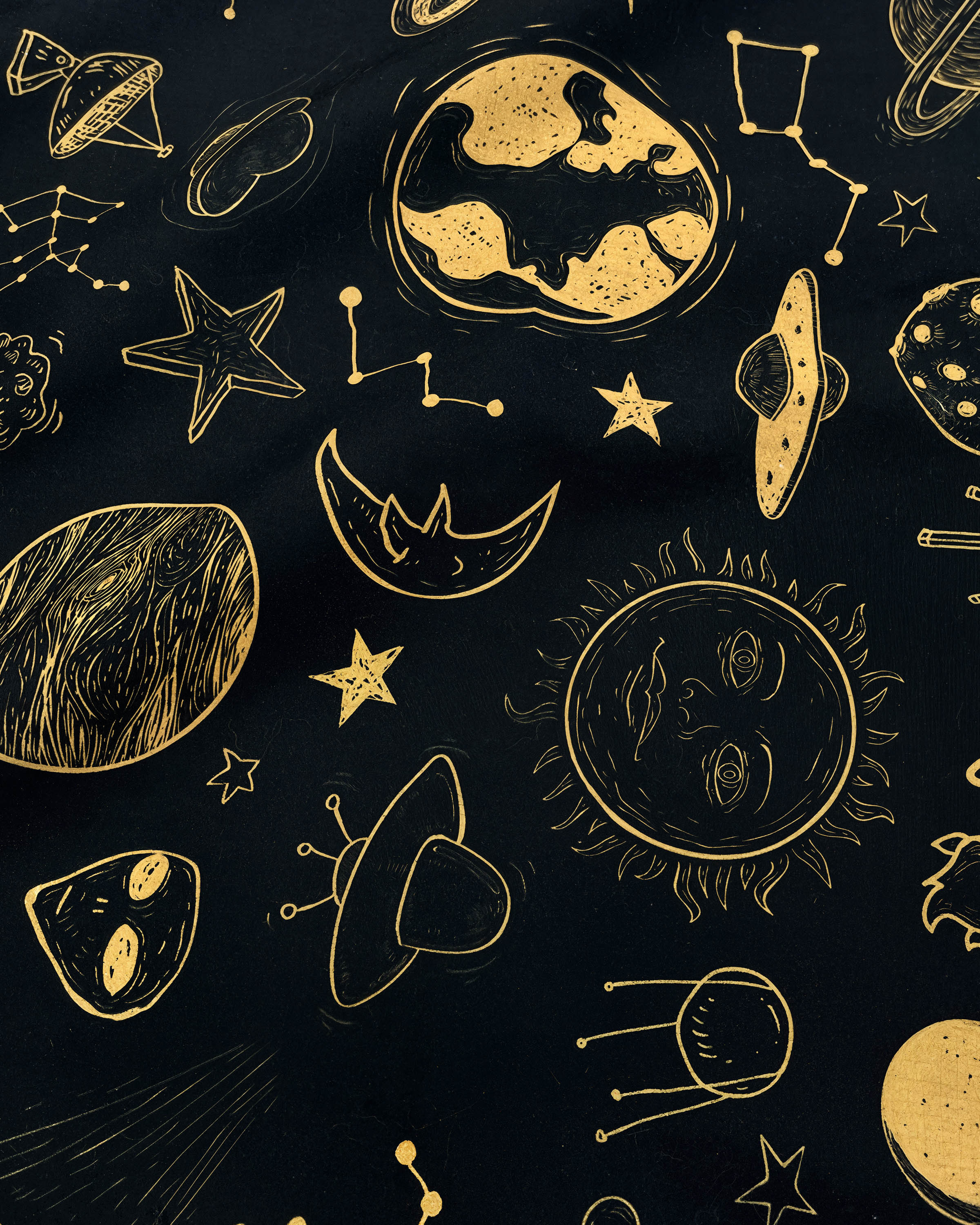 STICKYZOO golden cosmos silk scarf close-up showing the smiling sun and crescent moon in gold archival ink
```