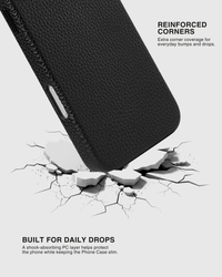 Textured black leather phone case with reinforced corners and shock-absorbing inner core shown in drop-test impact visual. Built for daily protection.
