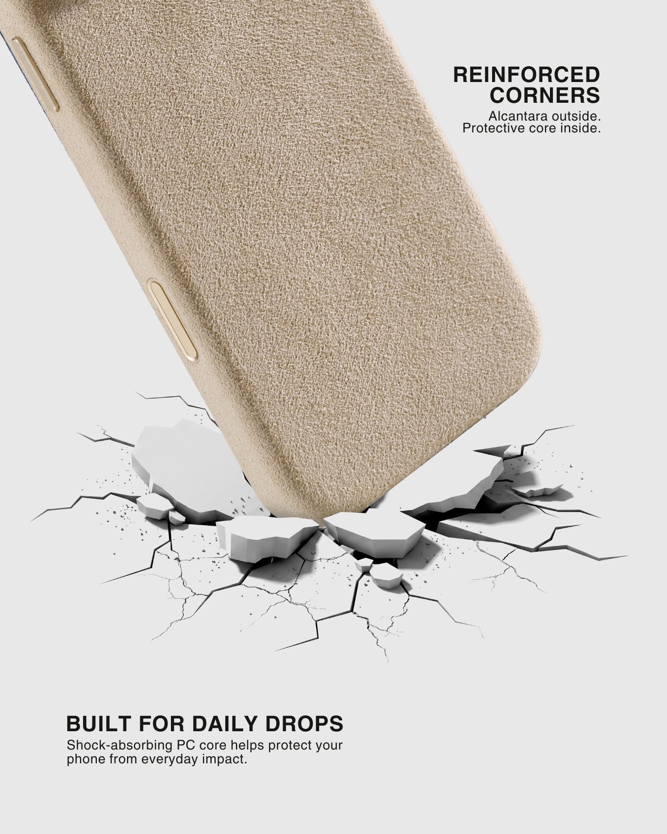 Sand Alcantara phone case drop test showing reinforced corner protection and impact resistance