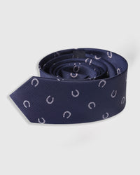 Designed in Amsterdam Midnight Horseshoe Tie knot close-up showing embroidered horseshoe detail on navy mulberry silk