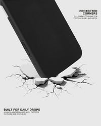 Shock-absorbing hard shell and protected corners on the black leather case, built for daily drops