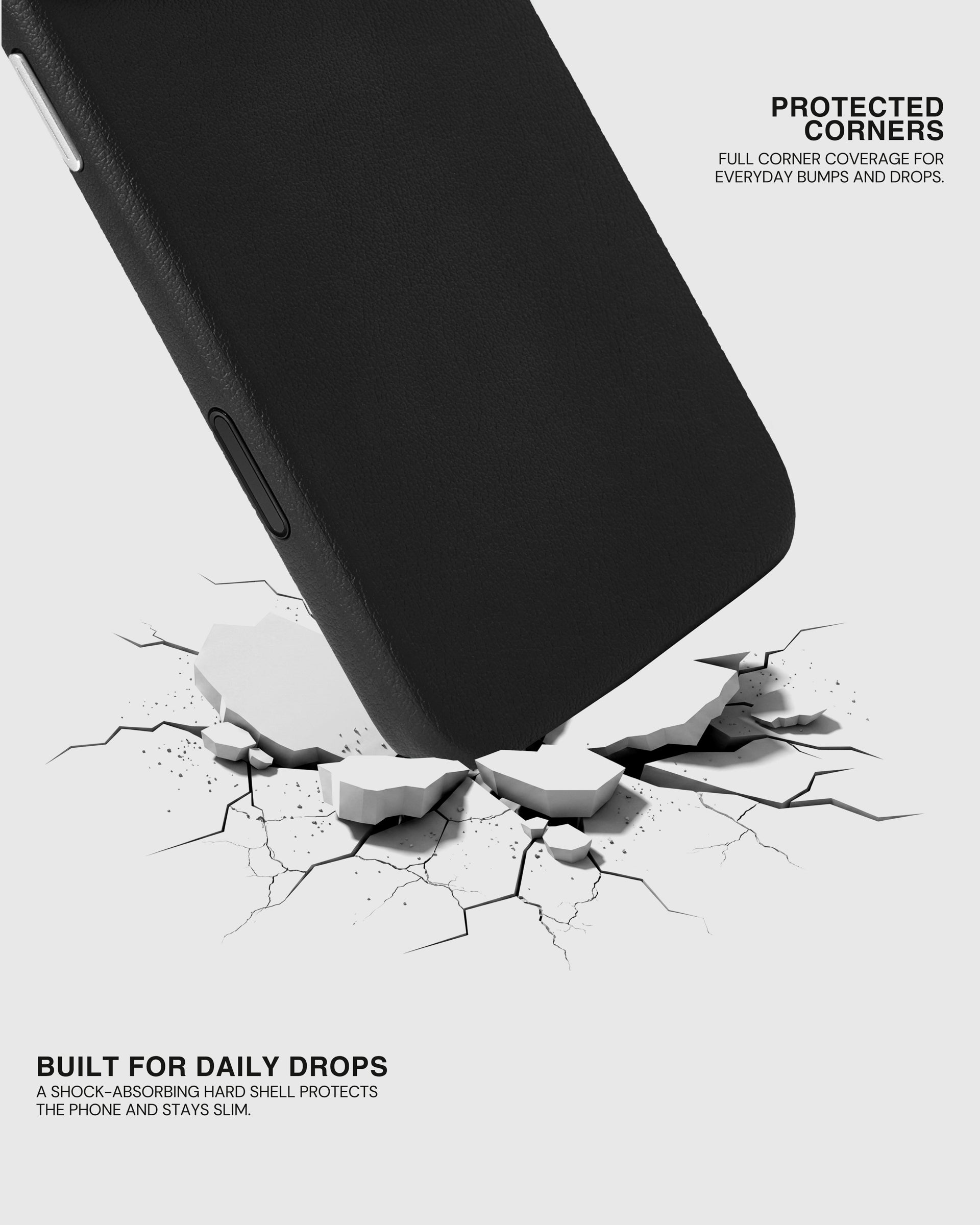 Shock-absorbing hard shell and protected corners on the black leather case, built for daily drops