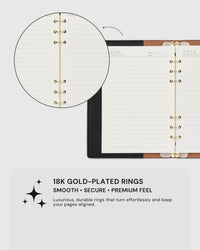 18K gold-plated ring mechanism detail on STICKYZOO genuine goatskin leather notebook, smooth and secure page alignment
