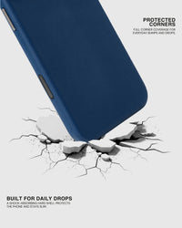 Shock-absorbing hard shell and protected corners on the navy leather case, built for daily drops