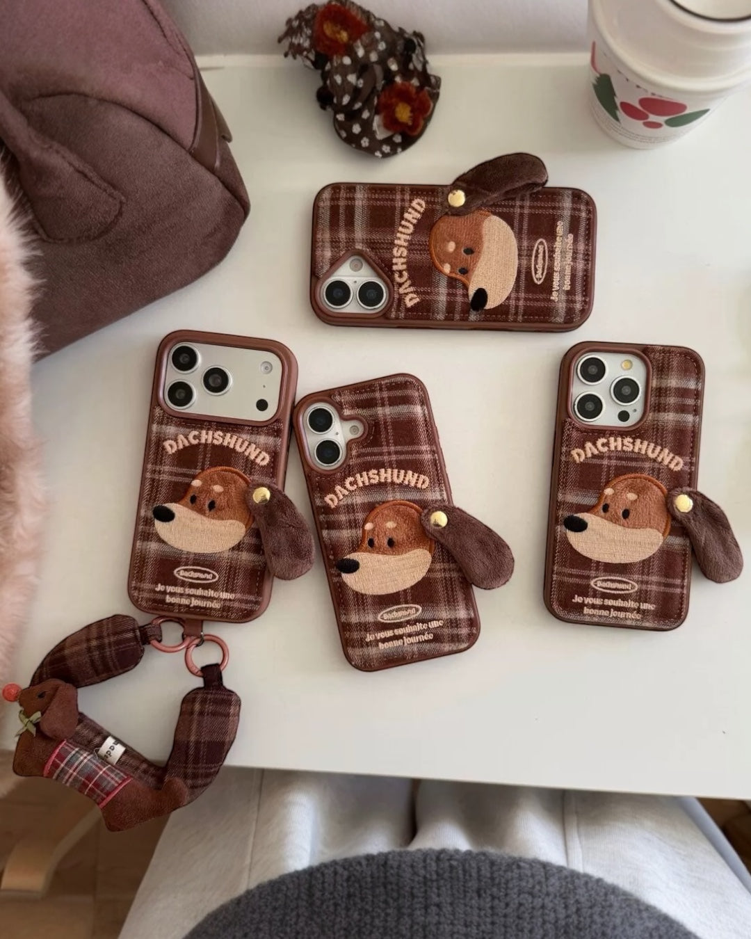 Dachshund iPhone Phone Case Plaid Patch Wrist Strap Slim
