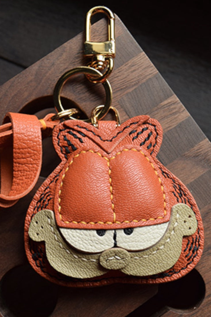 Leather Garfield Charm, Handmade Leather Bag Charm, Leather Handbag and Purse on sale Charm, Cute Garfield Keychain, Handmade Leather Gift