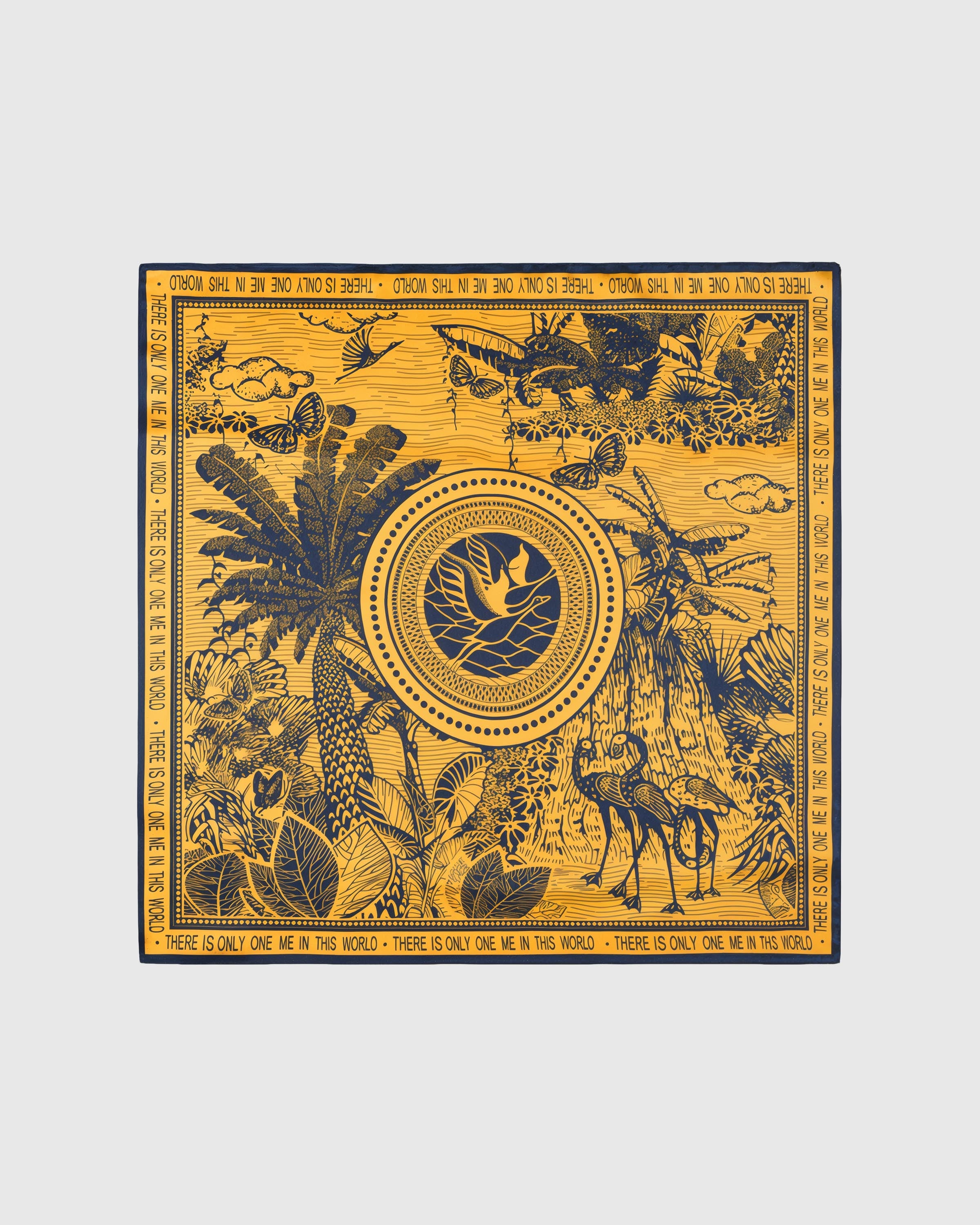 Golden paradise silk scarf with hand-illustrated palms peacocks and a central dove on saffron silk by STICKYZOO