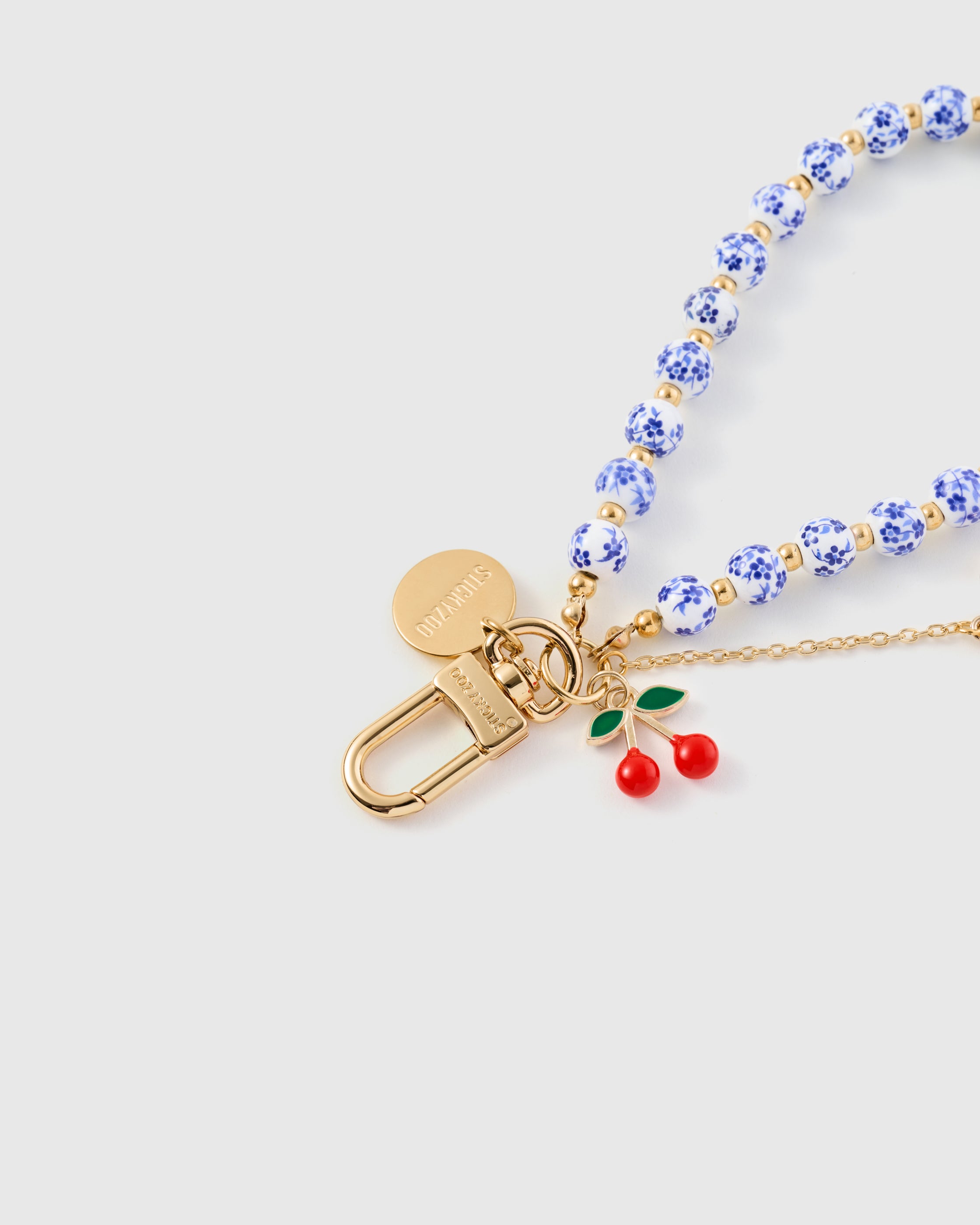 Porcelain Cherry Phone Strap — Handmade Floral Bead Wristlet