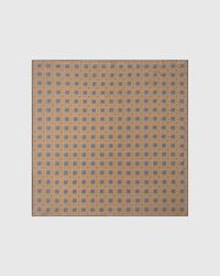 Camel diamond foulard silk scarf with hand-illustrated blue medallions on a warm camel field by STICKYZOO