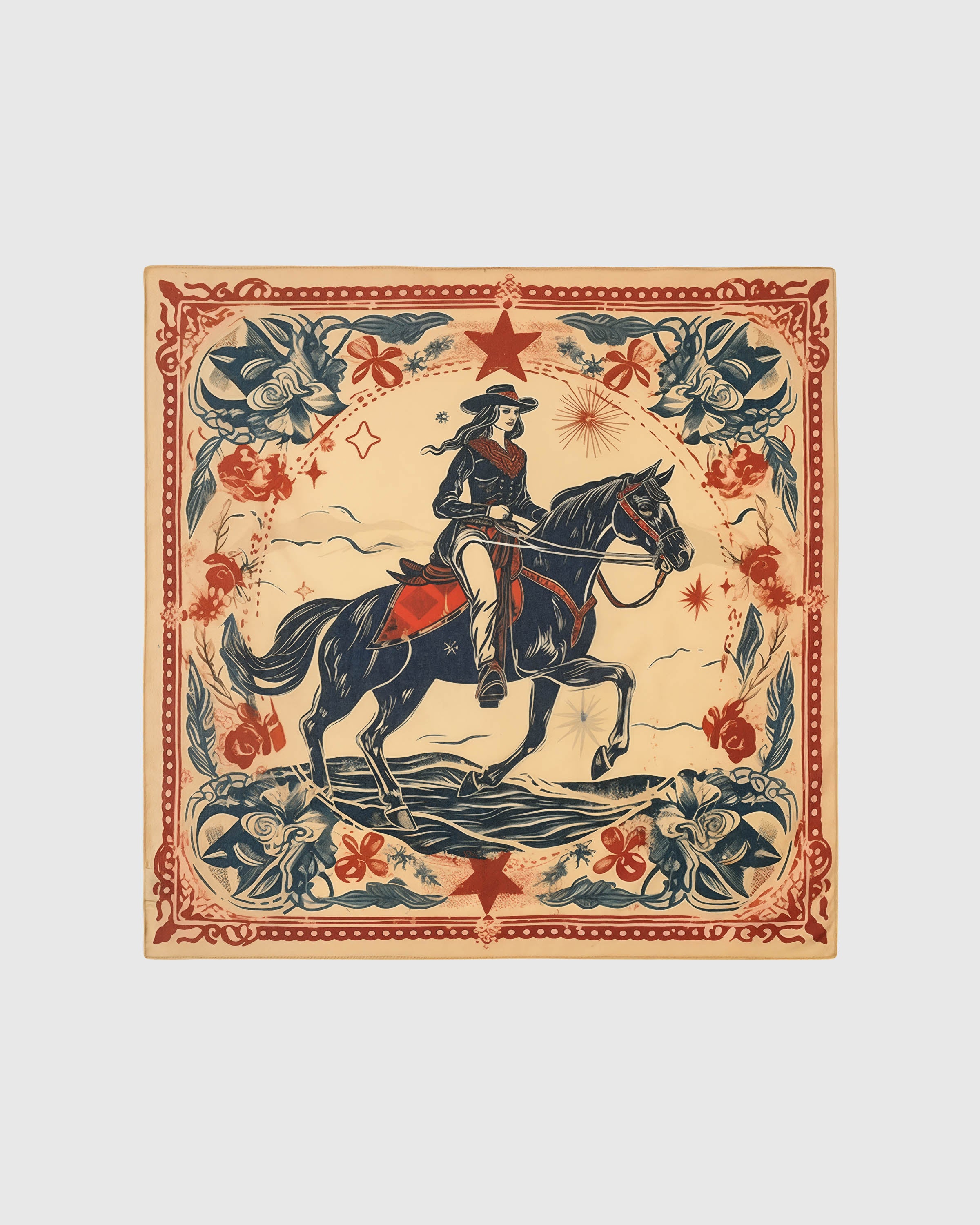 Cowgirl rider silk scarf with hand-illustrated vintage-tattoo print on a cream field by STICKYZOO