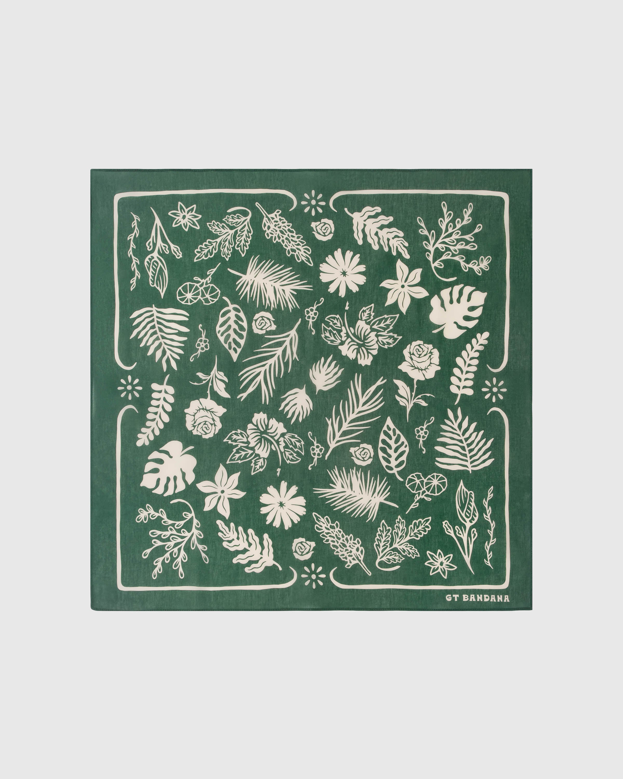 Forest herbarium silk scarf with hand-illustrated ivory botanical silhouettes on a forest-green field by STICKYZOO