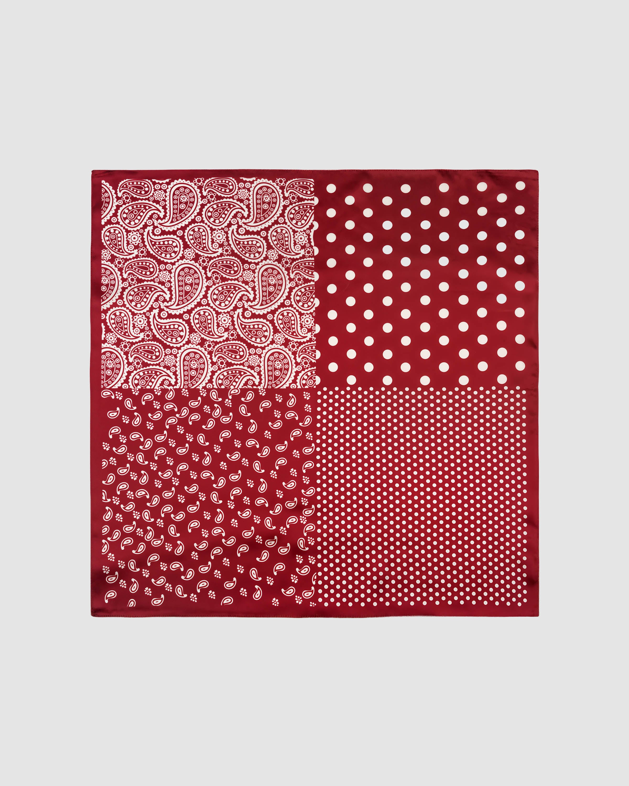 Cardinal bandana silk scarf with four-block paisley and polka-dot patchwork on red by STICKYZOO