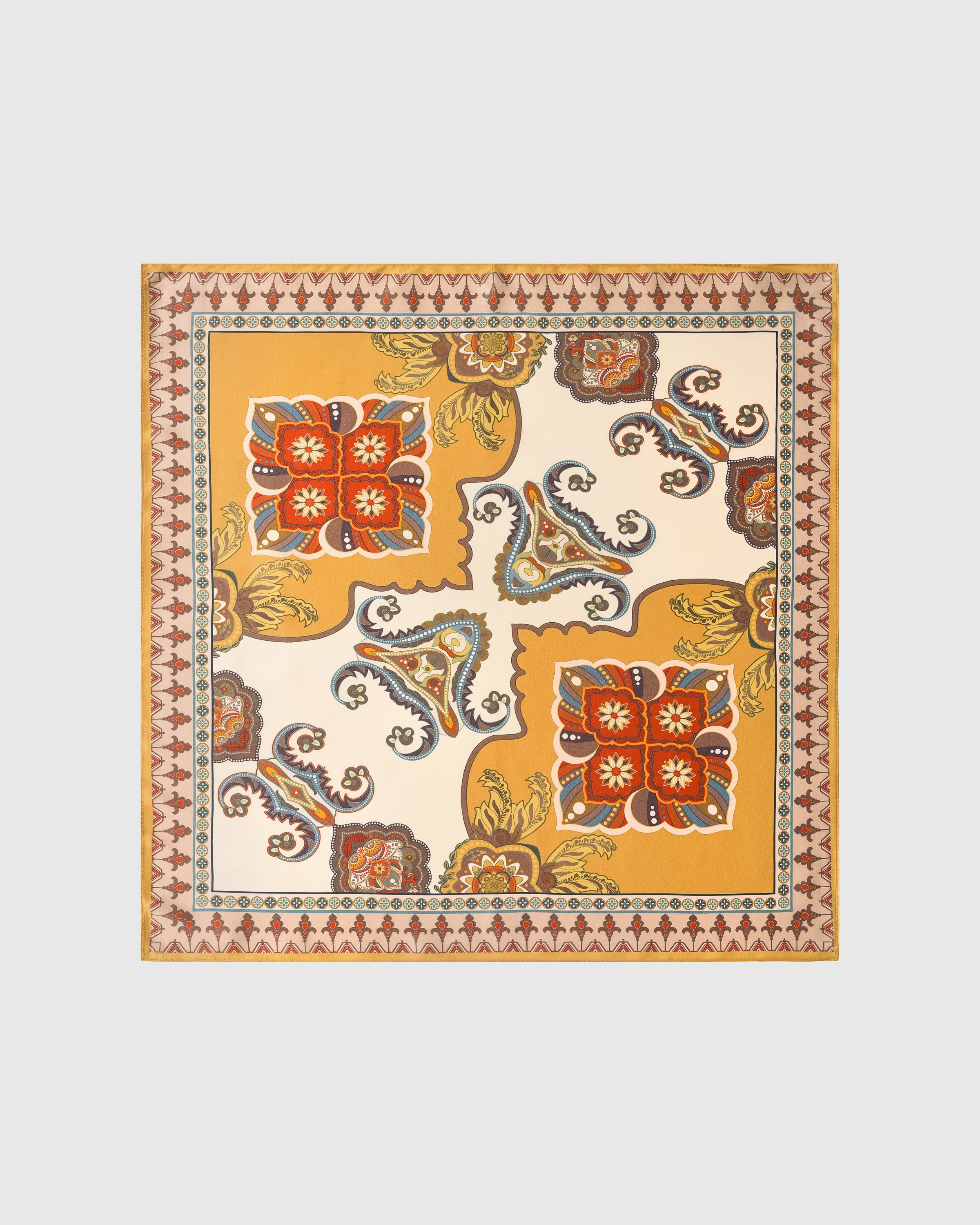 Saffron medallion silk scarf with hand-illustrated tile print and rosette border by STICKYZOO