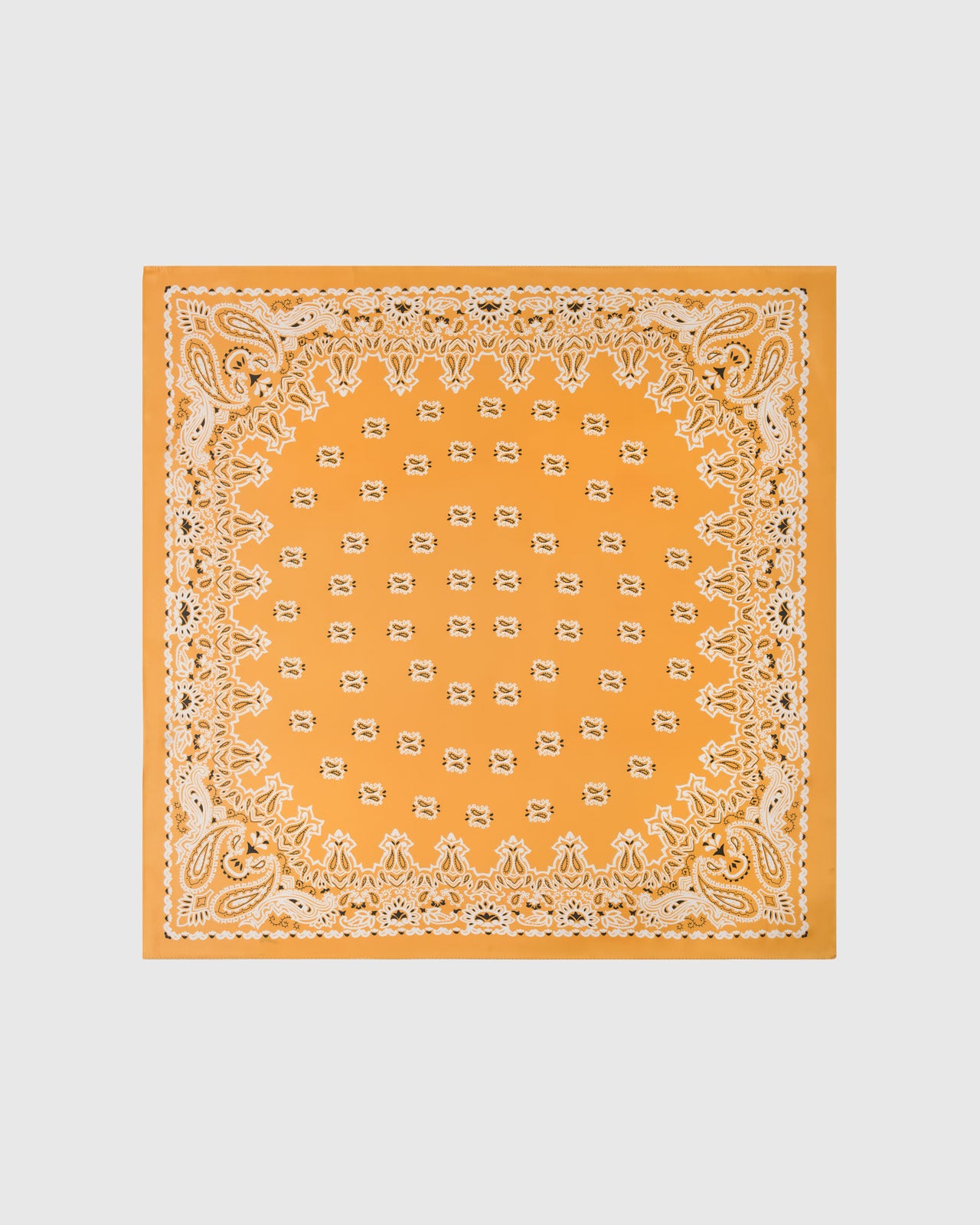 Saffron bandana silk scarf with hand-illustrated paisley corners and ivory scalloped frame by STICKYZOO