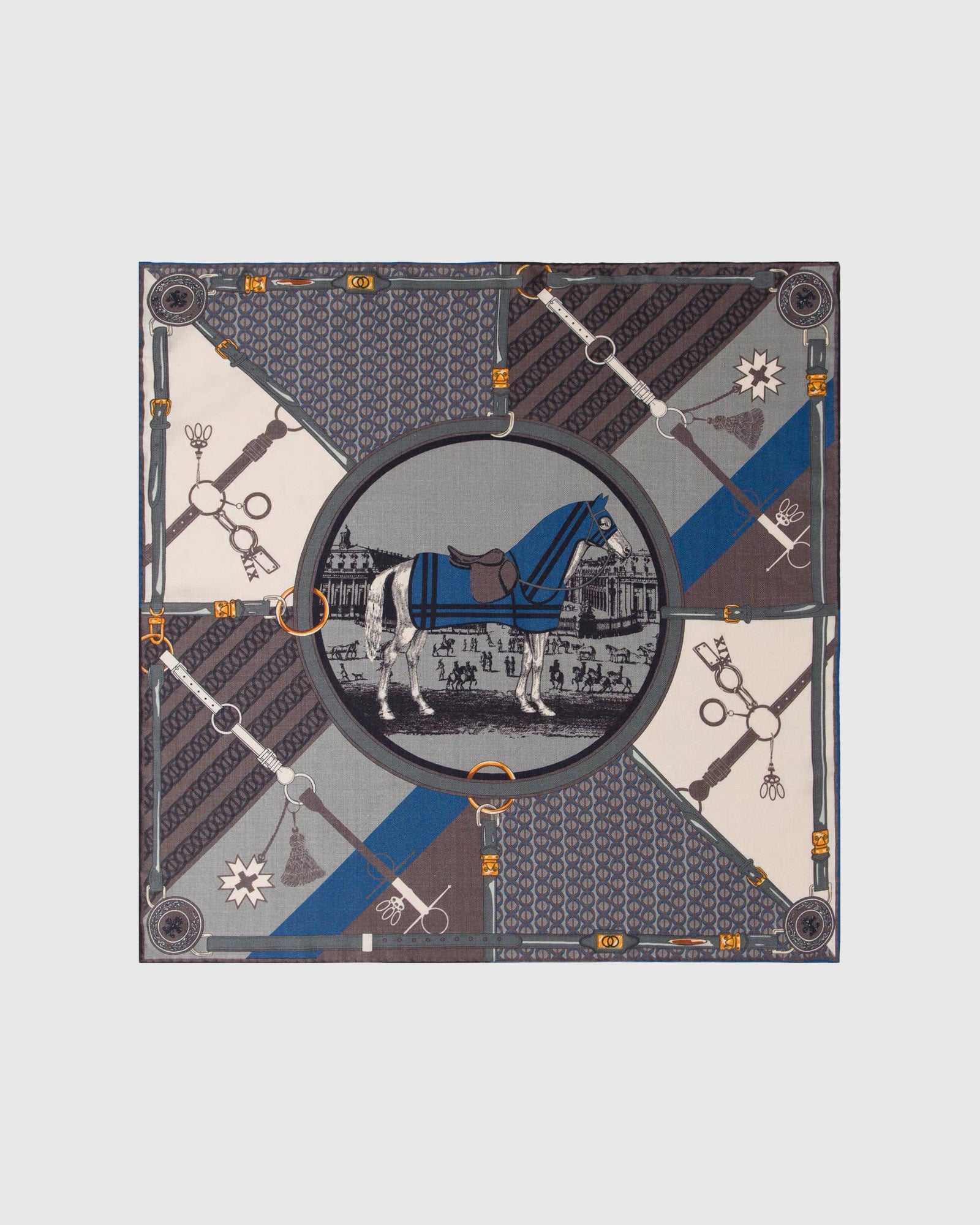 Equestrian palace silk scarf folded to show the storm grey herringbone field with bridle motifs by STICKYZOO