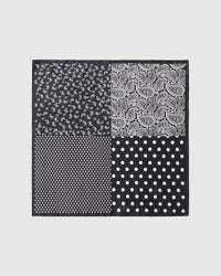 Monochrome mix silk scarf with paisley and polka quadrants in ivory on black by STICKYZOO