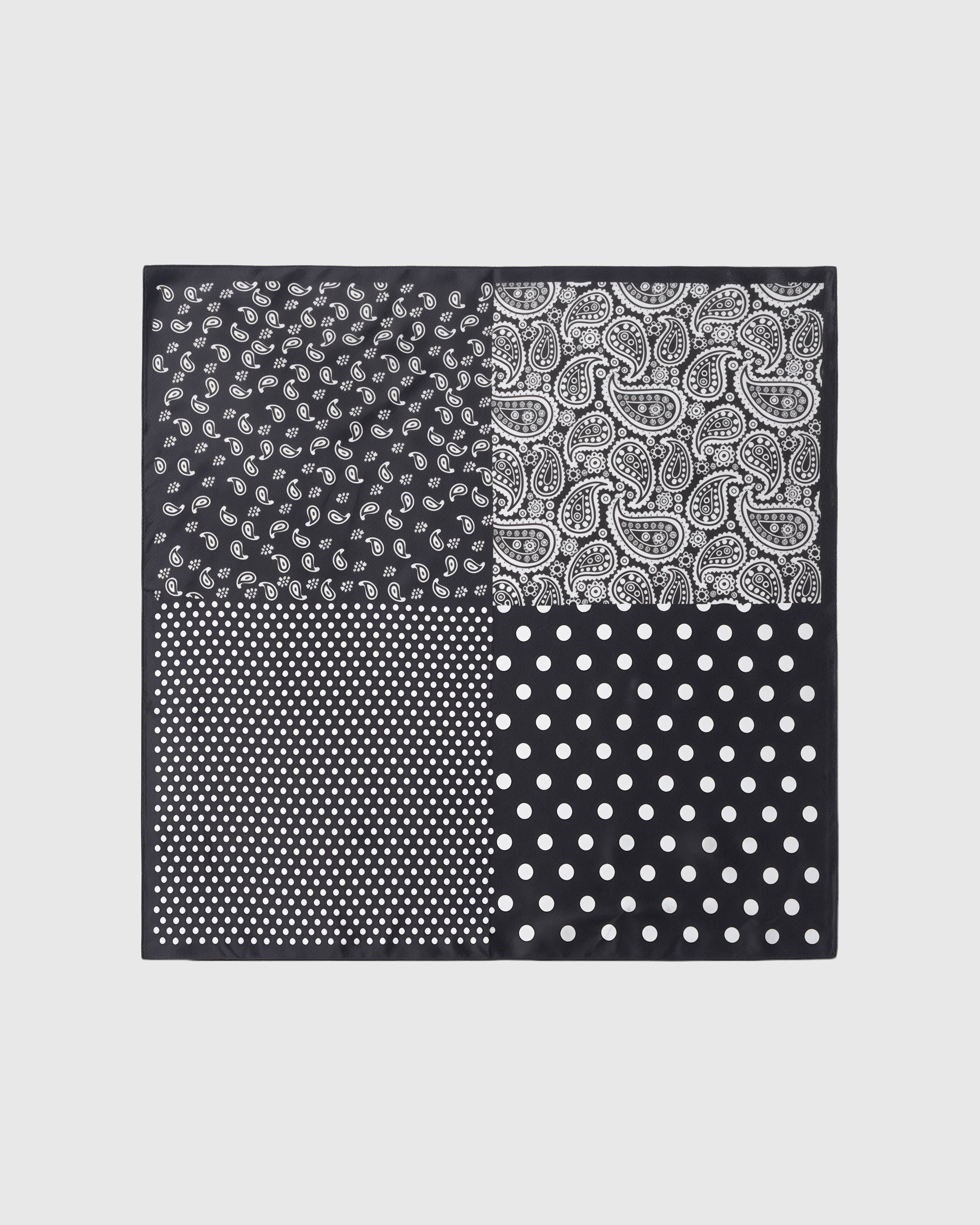 Monochrome mix silk scarf with paisley and polka quadrants in ivory on black by STICKYZOO