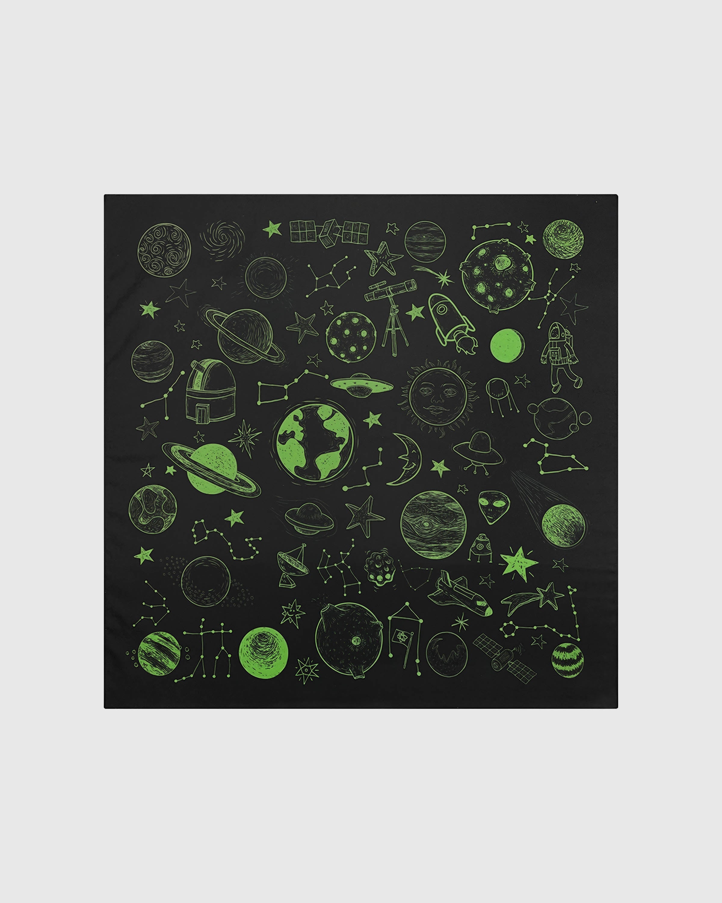 Cosmic atlas silk scarf with hand-illustrated planets, sun and constellations on a black field by STICKYZOO