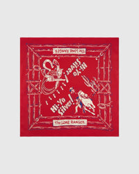 Lone ranger silk scarf with hand-illustrated cowboy and corral frame on vermillion red by STICKYZOO