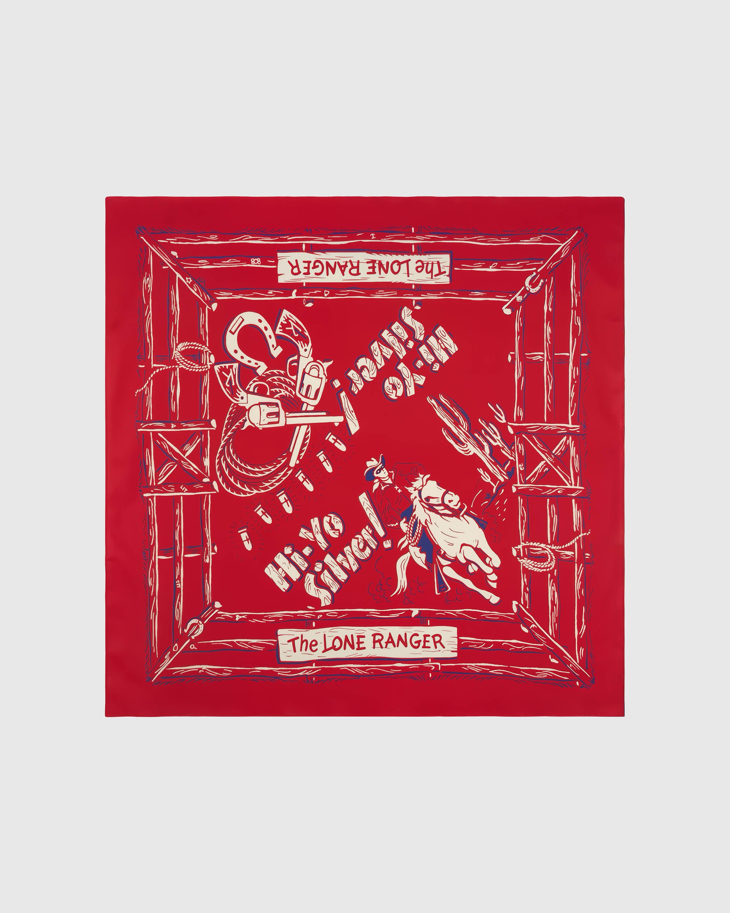 Lone ranger silk scarf with hand-illustrated cowboy and corral frame on vermillion red by STICKYZOO