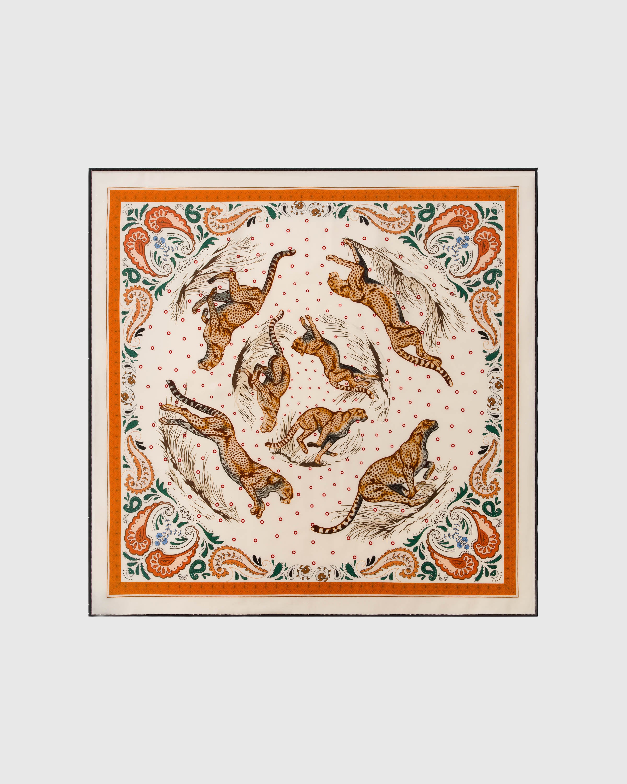 Cheetah hunt silk scarf with hand-illustrated leaping cheetahs and rust paisley border by STICKYZOO