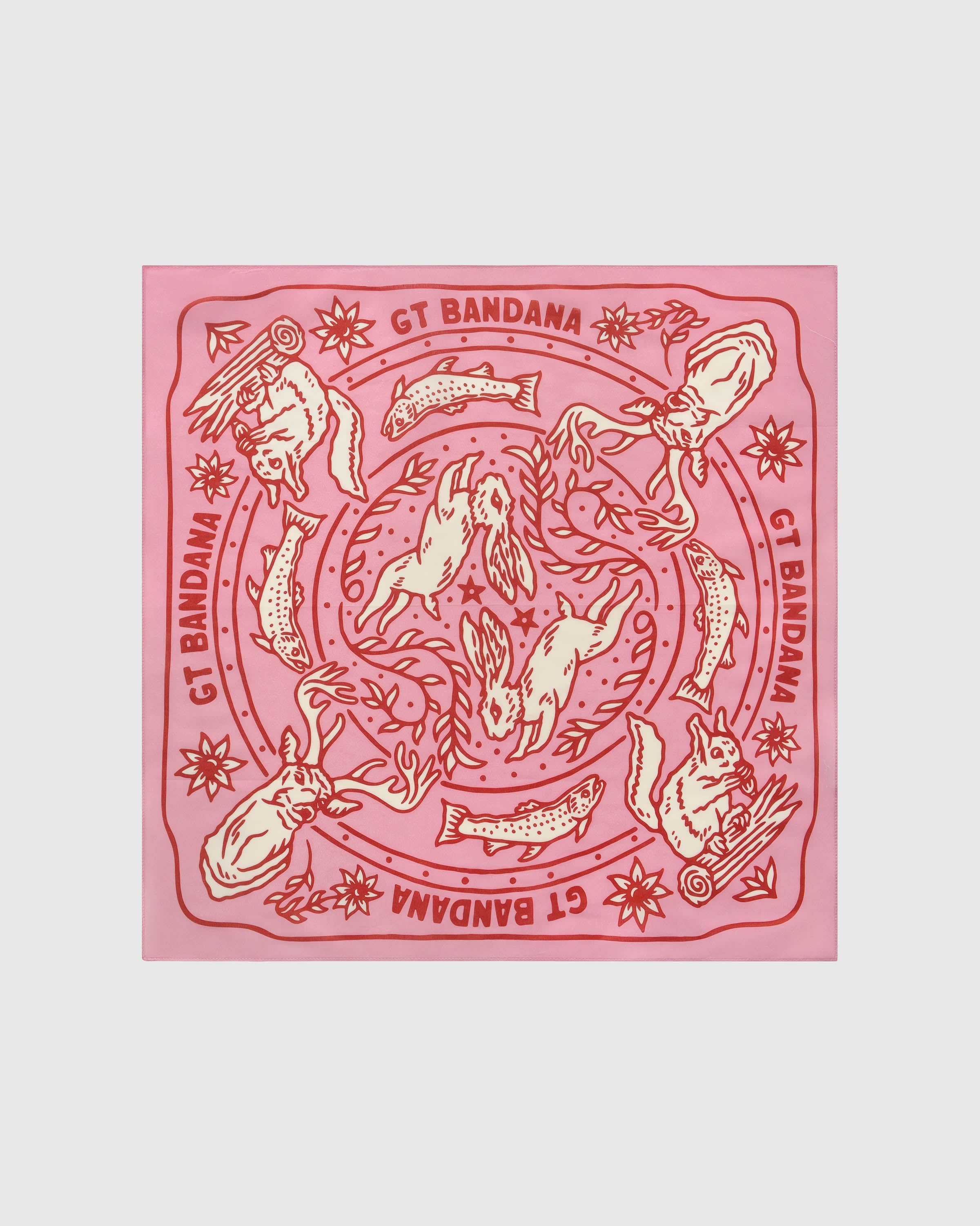Wildwood carnival silk scarf with hand-illustrated woodland creatures on a pink field by STICKYZOO