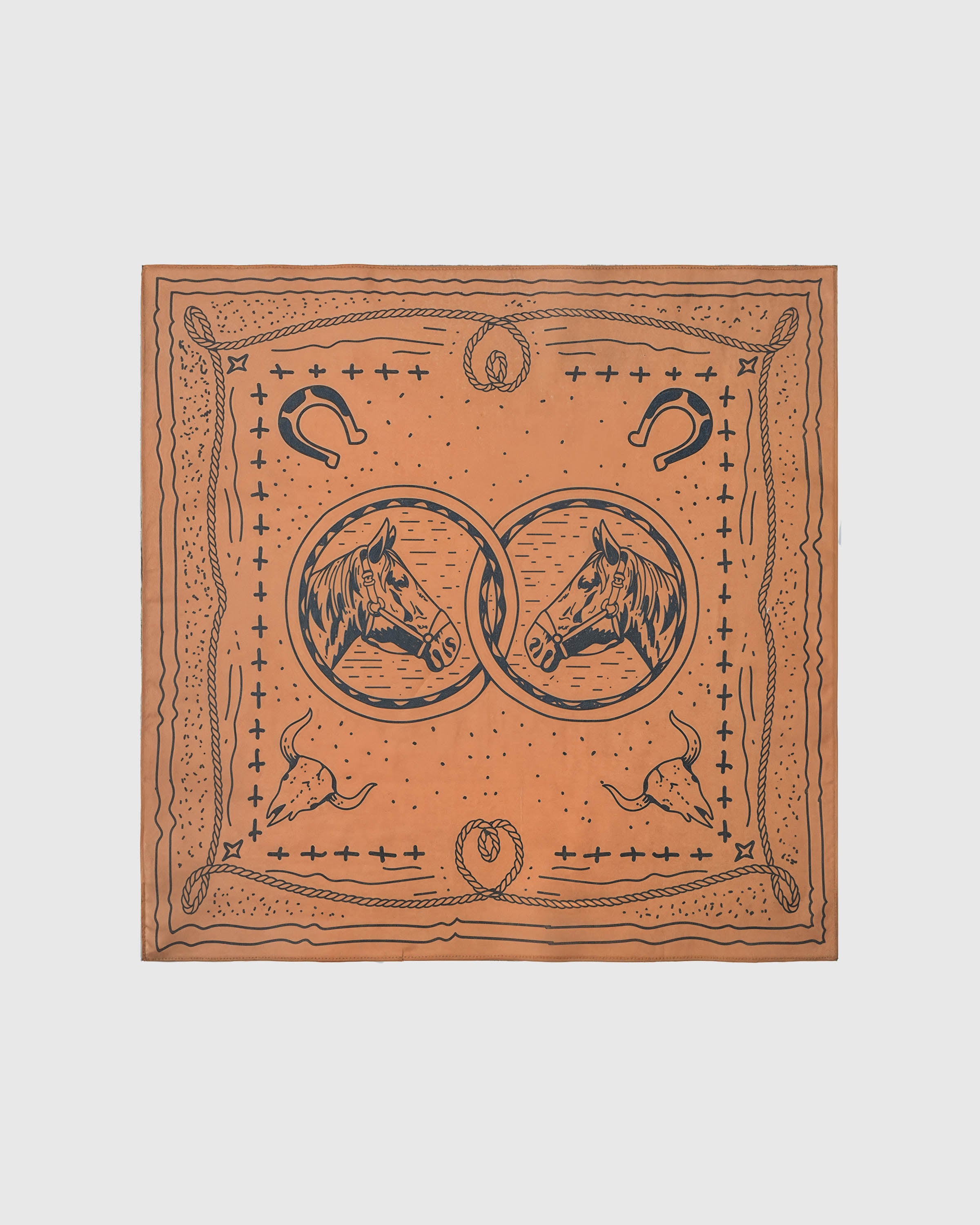 Western bridle silk scarf with hand-illustrated horse, horseshoe, and lasso motif on saddle tan by STICKYZOO