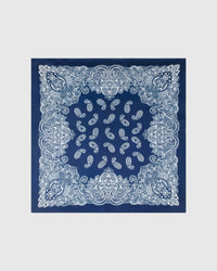 Indigo bandana silk scarf with hand-illustrated white paisley medallion print by STICKYZOO