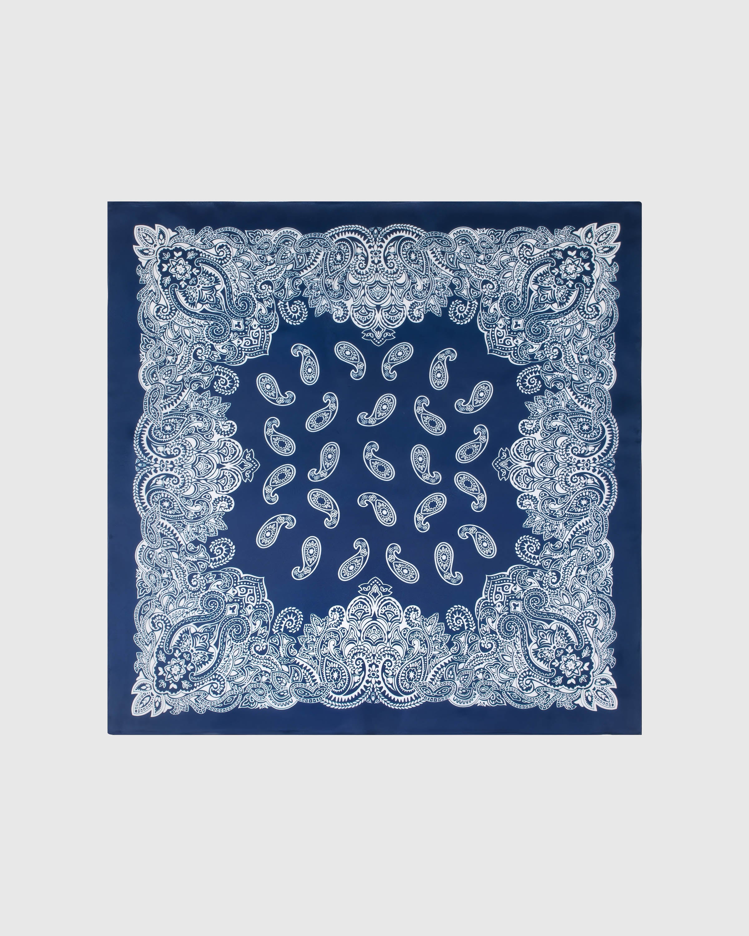 Indigo bandana silk scarf with hand-illustrated white paisley medallion print by STICKYZOO