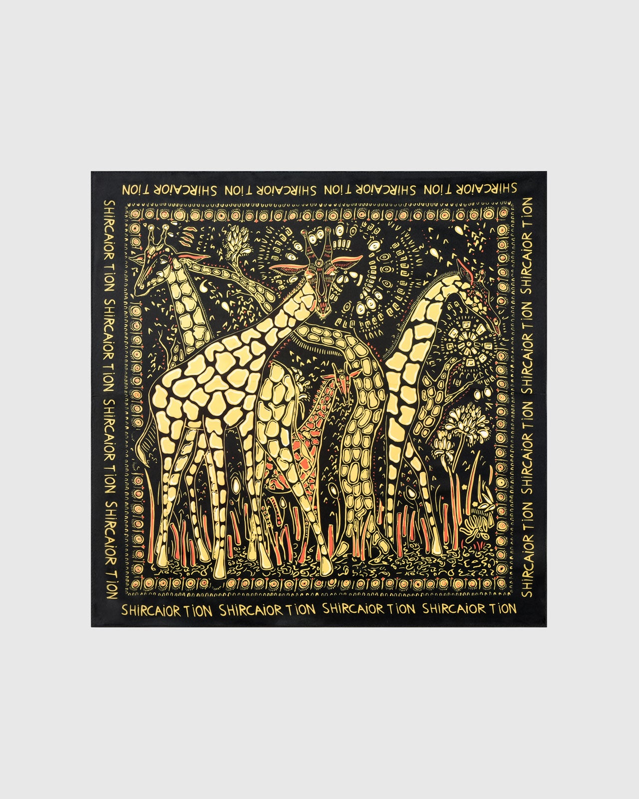 Golden savanna silk scarf with hand-illustrated giraffes in gold and ochre on a deep black field by STICKYZOO