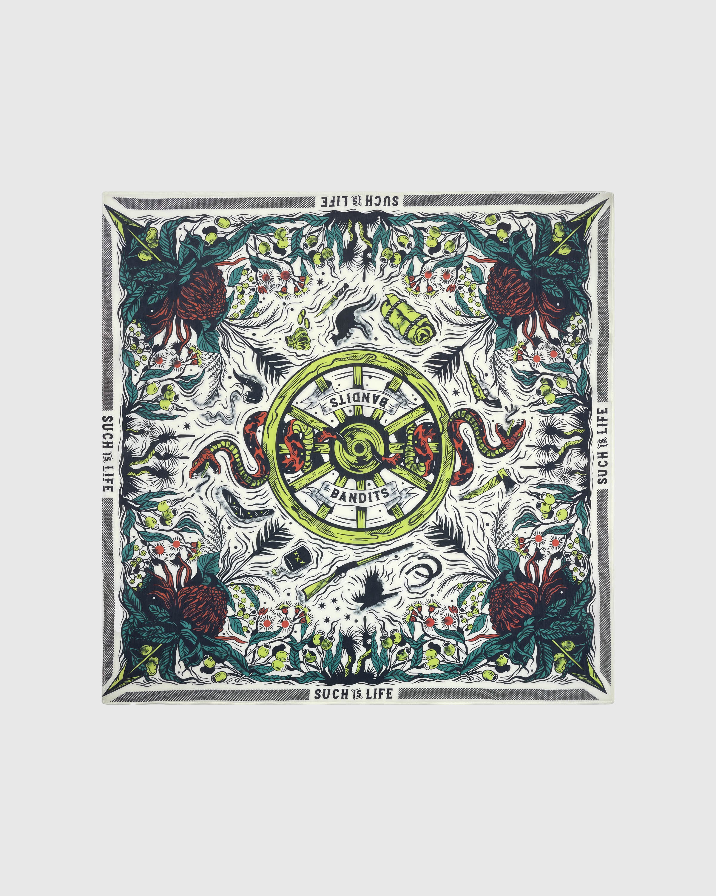 Serpent thicket silk scarf with hand-illustrated botanical and serpent print on ivory silk by STICKYZOO