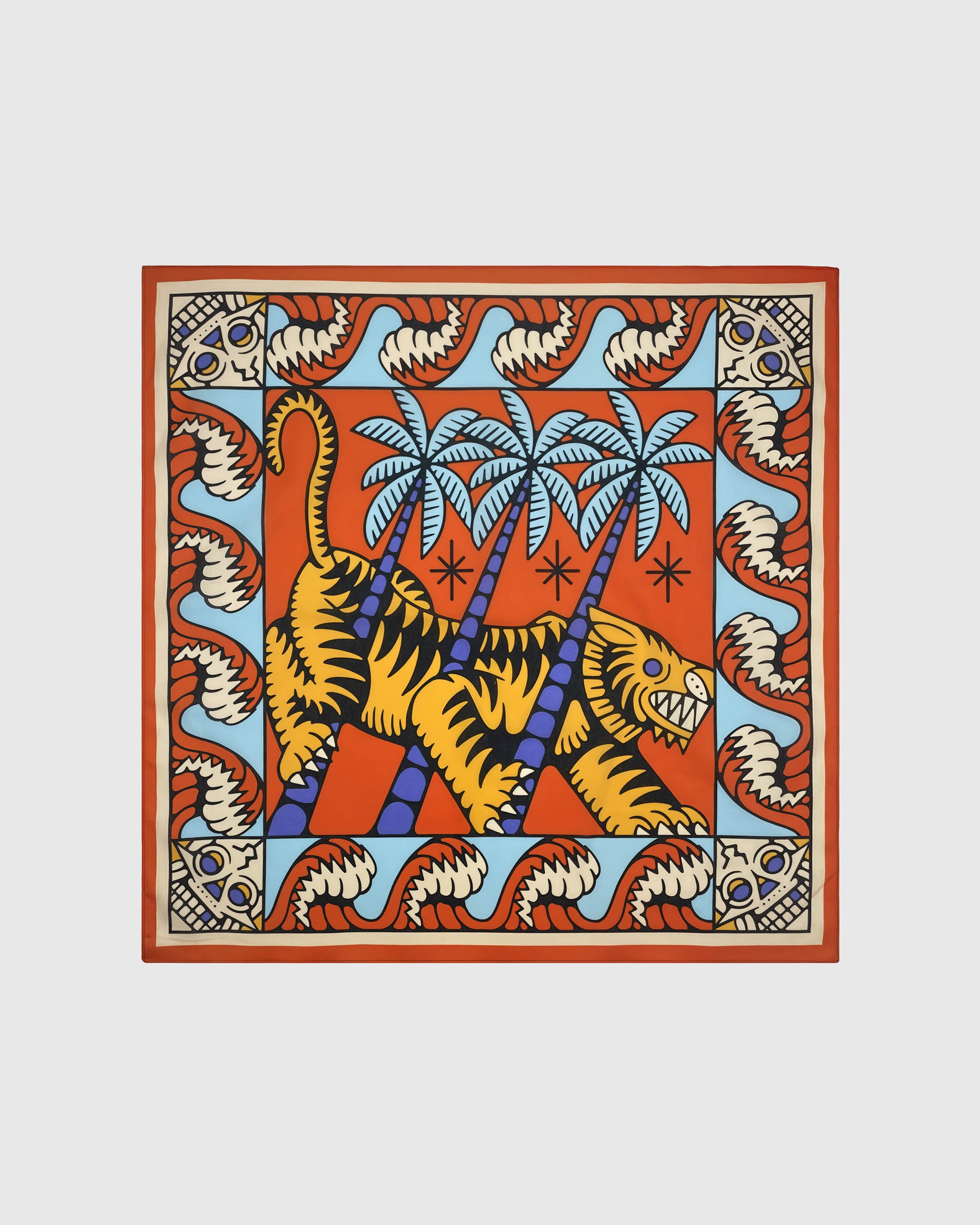 Tiger parade silk scarf with hand-illustrated tiger and palm motif on tangerine field by STICKYZOO