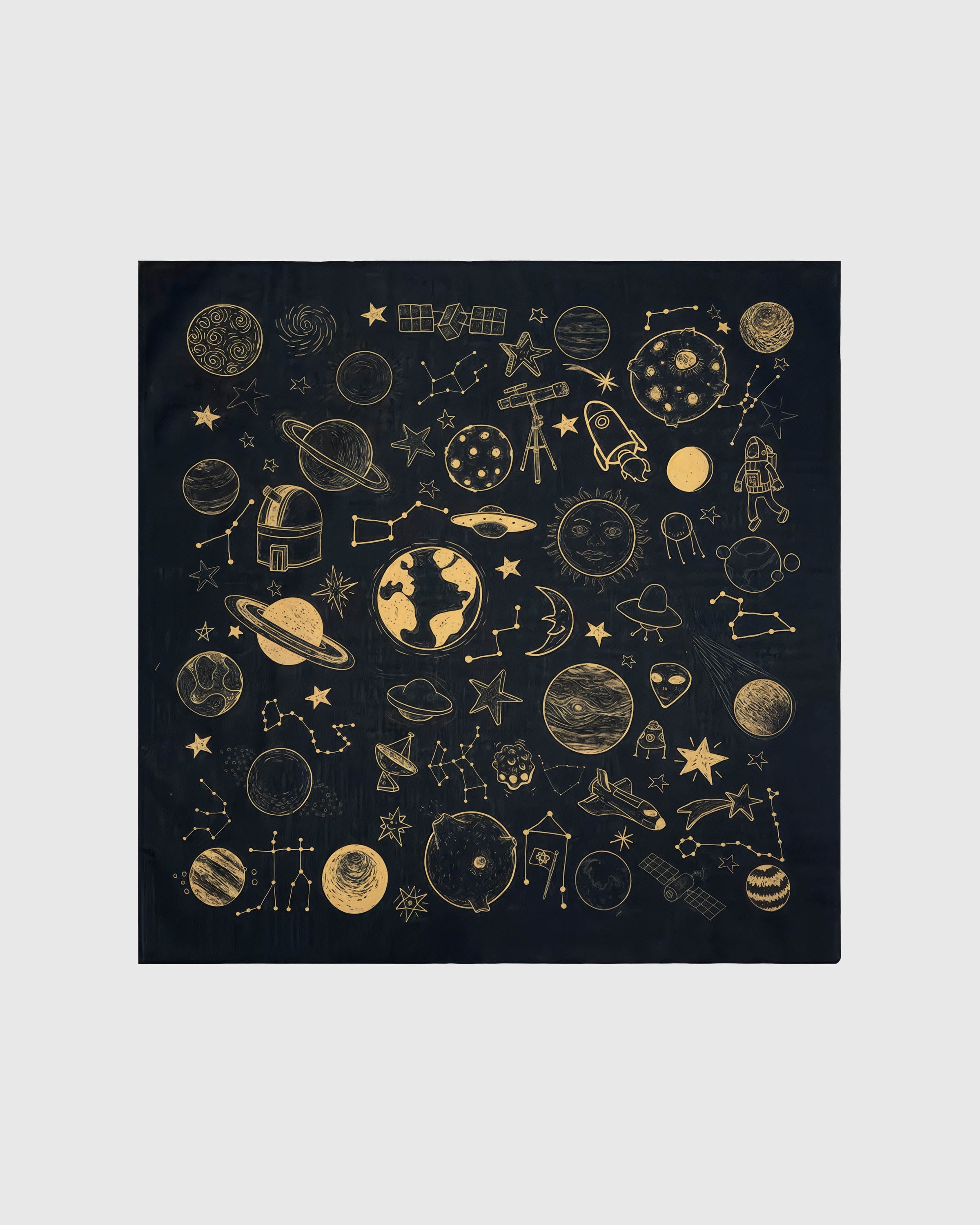 Golden cosmos silk scarf with hand-illustrated gold planets and constellations on black by STICKYZOO