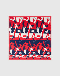 Giraffe parade silk scarf with hand-illustrated pop-art giraffes in red, navy, and ivory by STICKYZOO