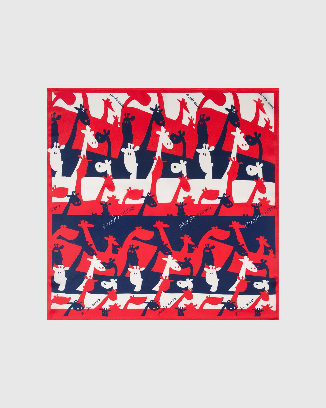 Giraffe parade silk scarf with hand-illustrated pop-art giraffes in red, navy, and ivory by STICKYZOO