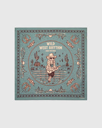 Sage western silk scarf with hand-illustrated cowboy dog motif and dotted bandana border by STICKYZOO