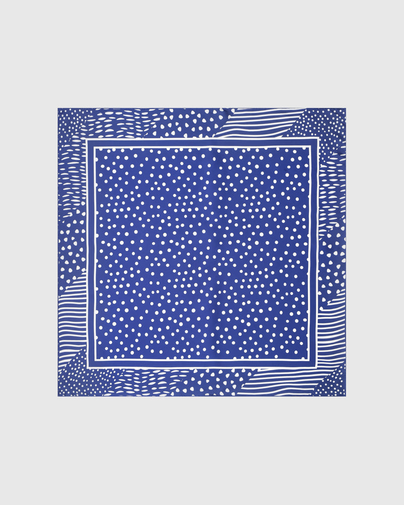 Stardust dots silk scarf with hand-illustrated dots and stripes in ivory on cobalt by STICKYZOO